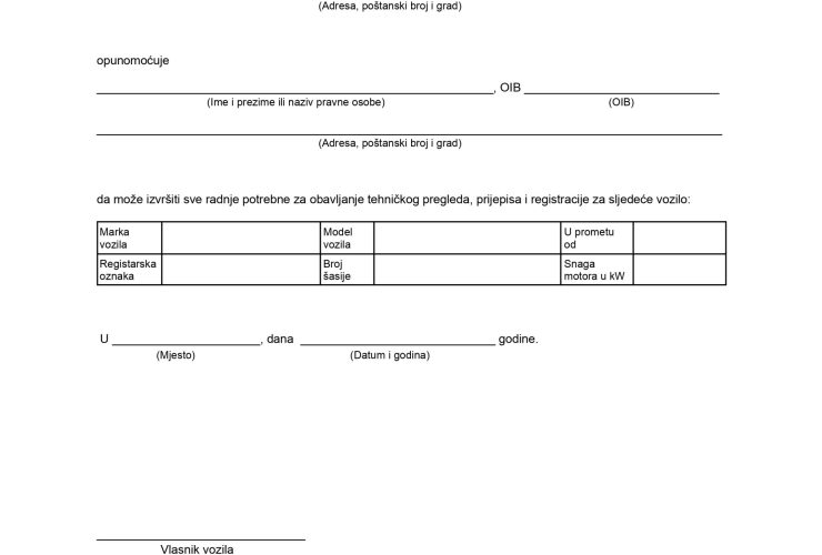 Punomoc za registraciju i prijepis vozila